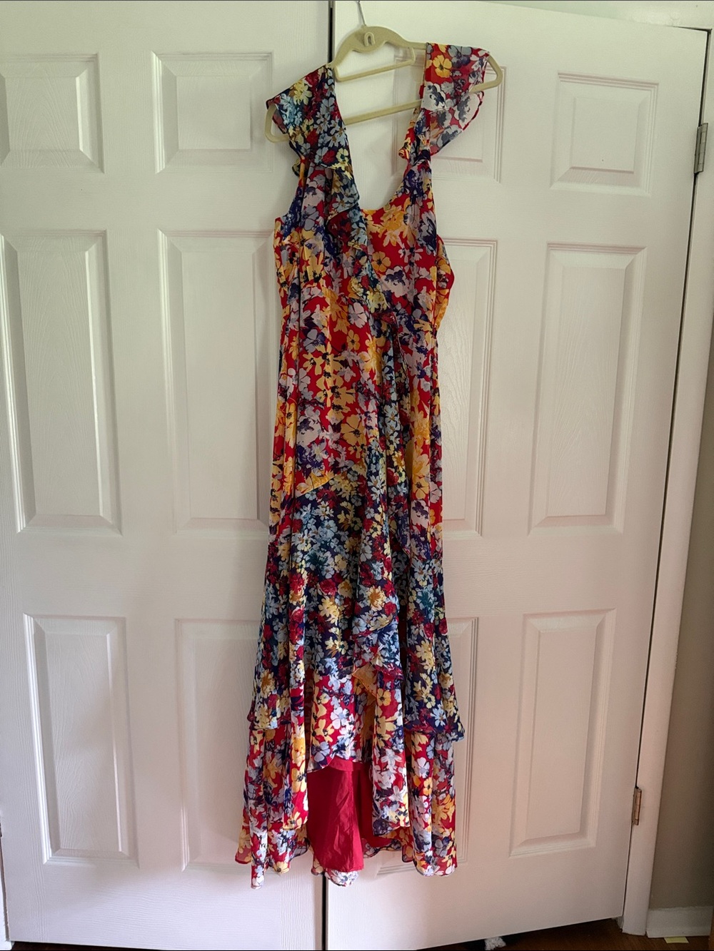 Lulu's Radiant Ruby Red Floral Print Chiffon Maxi Dress - Picture 4 of 5